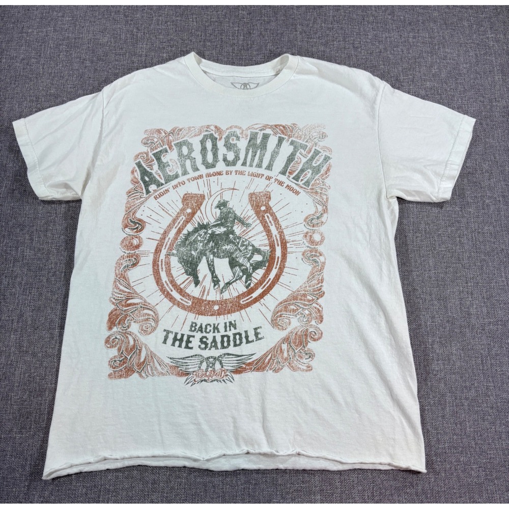 Aerosmith Women Large Back in the Saddle Graphic T-Shirt White Cotton Western